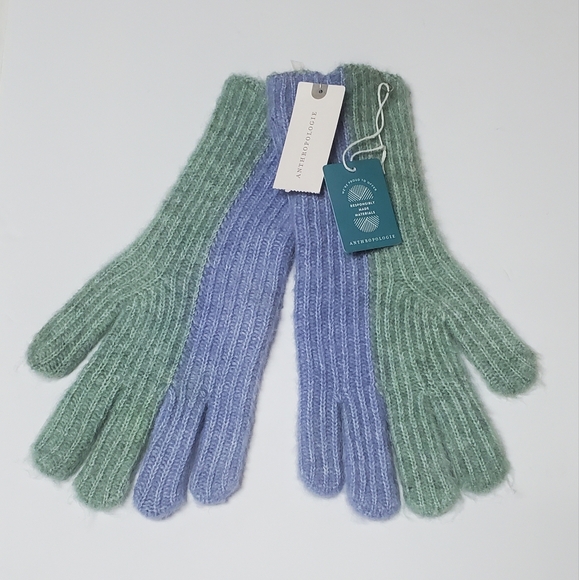 NWT Anthropologie Two-Tone Gloves Green Blue Winter Holiday Gift Soft - Picture 2 of 7